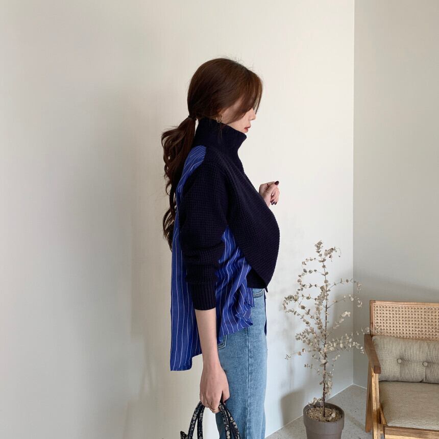 ニット シャツ 切り替え ドッキング トップス ニットソー セーター 袖あり 長袖 ハイネック 切り替えデザイン バックシャン バックコンシャス リブニット 編み込み ニット かわいい 大人可愛い きれいめ カジュアル 大人 上品 おしゃれ 大人女子 こなれ感 個性的 クール ニット シャツ 切り替え ドッキング トップス ニットソー セーター 袖