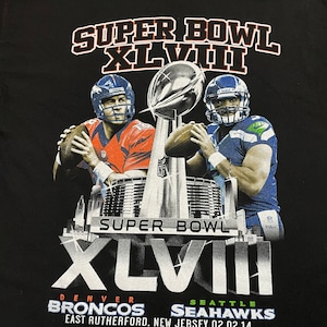 【AAA】NFL 2014 Super Bowl スーパーボウル プリント Tシャツ 両面プリント バックプリント 黒t 半袖 アメフト BRONCOS SEAHAWKS LARGE US古着