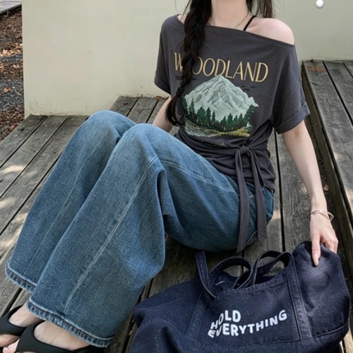 ウエストマークオフショルプリントTシャツ ・77704
