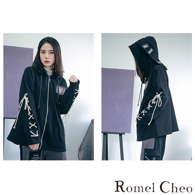 Romelcheo うさ耳ジップアップパーカー 長袖 スウェット パーカー パンク ロック ゴス ロリ 黒ロリ 暗黒少女 ゆめかわいい 病みかわいい モード系 ビジュアル系 ストリート系 青文字系 原宿系 レディース ファッション カジュアル ロメルチェオ Romelcheo