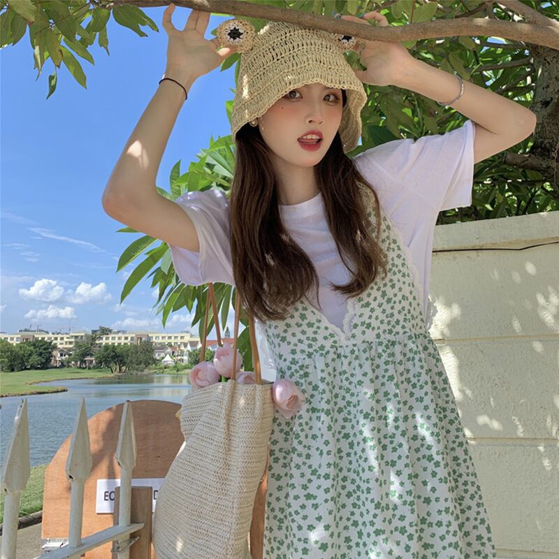 レースVネックドレス サマーフローラルスカート 大人ガーリー スウィート キュート カジュアル 夏物 花柄 萌量不足33527486420