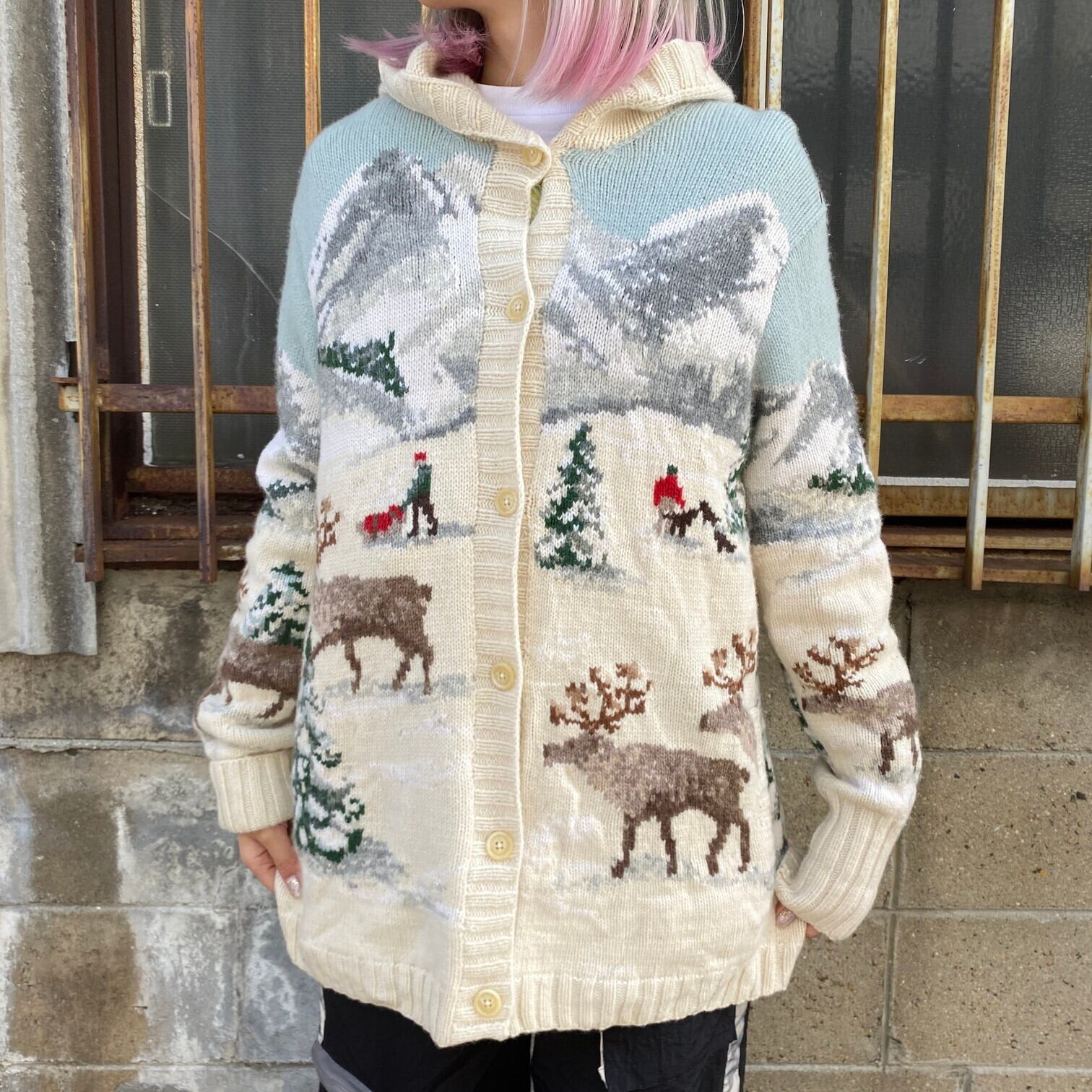 ラルフローレン 総柄 ハンドニット ウールニットパーカー レディースS 古着 Ralph Lauren フーディー 雪山 トナカイ  アニマル【ニットセーター】 | cave 古着屋【公式】古着通販サイト