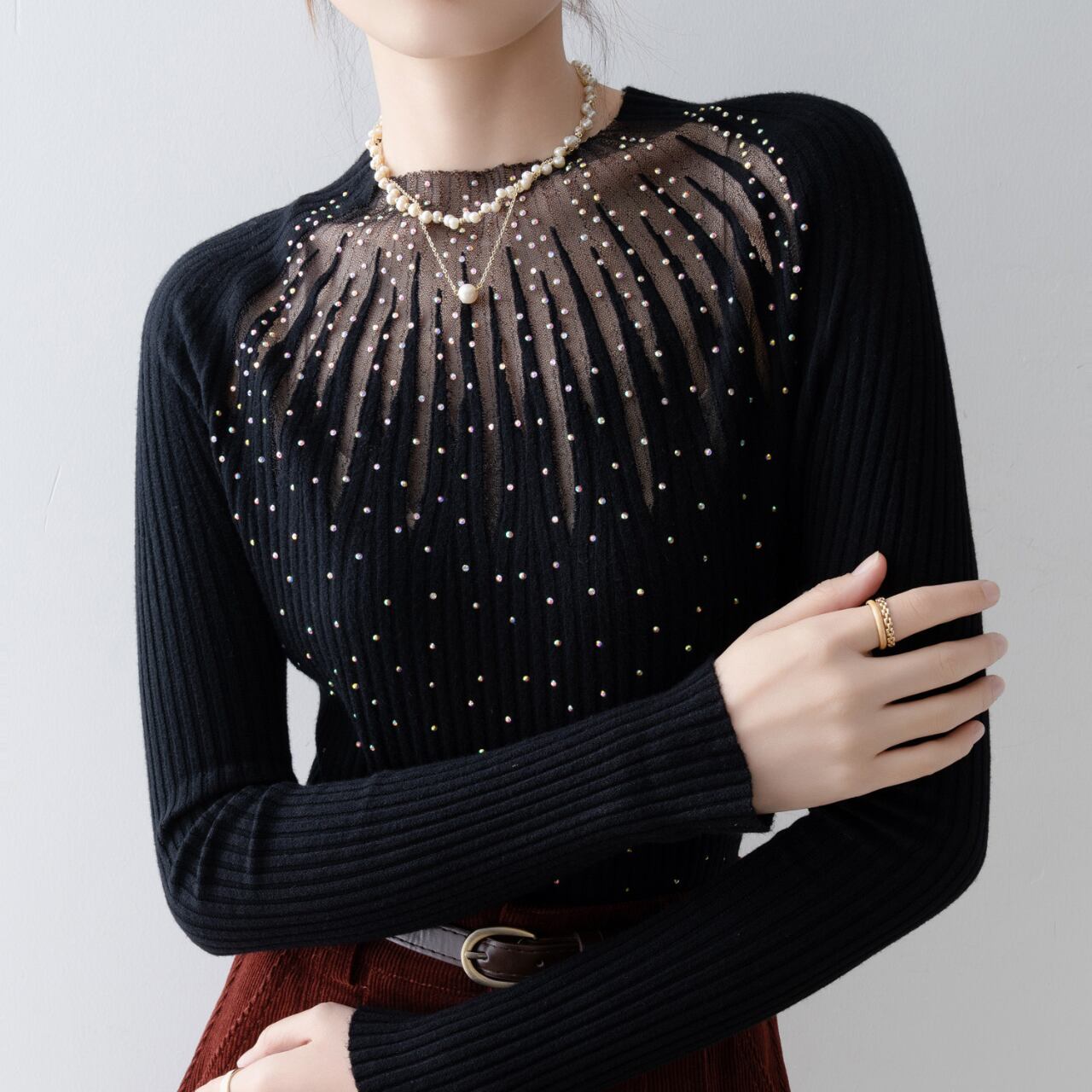 ブラック メッシュ ドット セーター