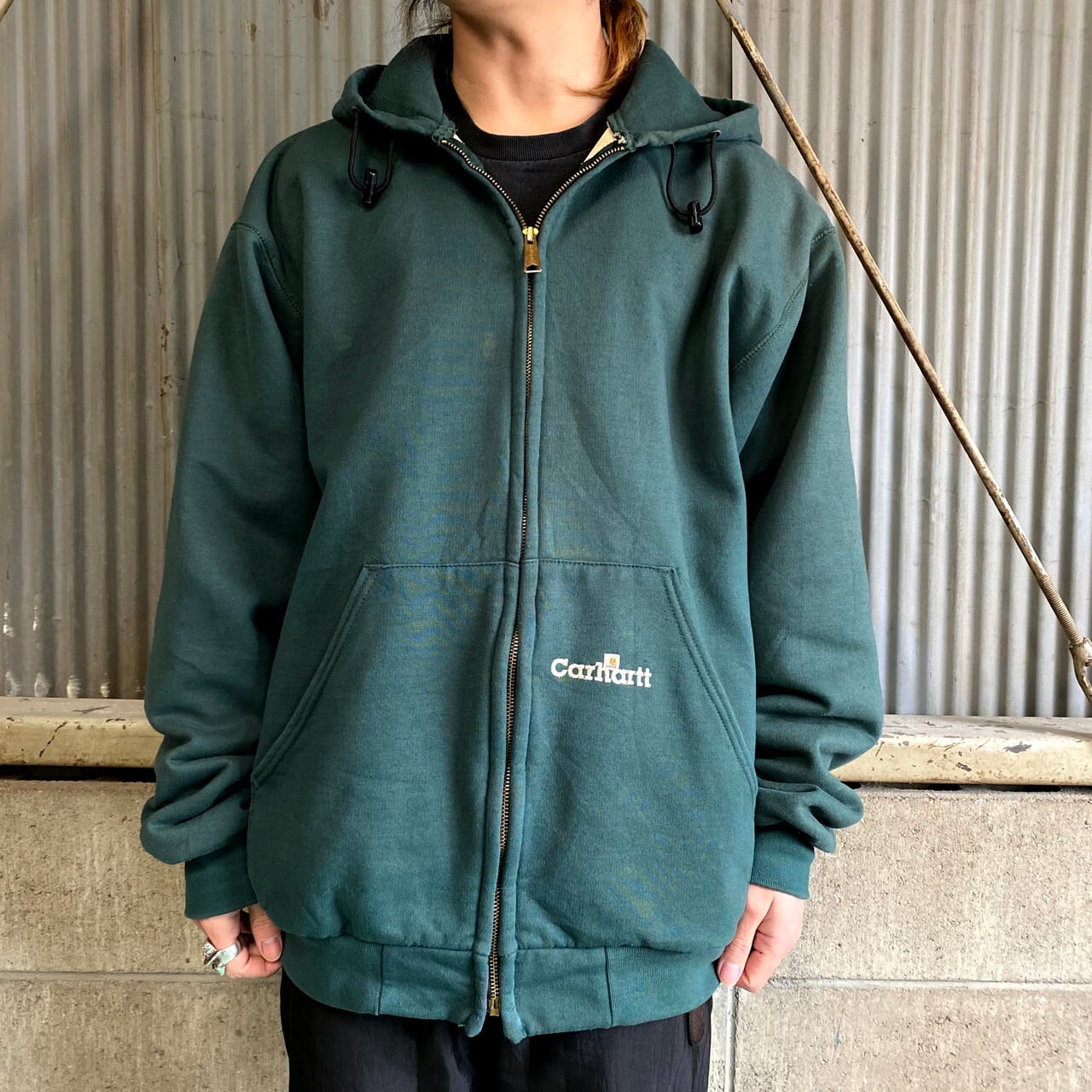 90年代 カーハート ワンポイントロゴ フルジップパーカー メンズL 古着 90S ビンテージ ヴィンテージ Carhartt スウェットパーカー  メッシュライナー グリーン 緑色【パーカー】【ALL15】 | cave 古着屋【公式】古着通販サイト