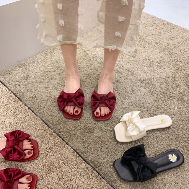 ミュールサマーリボンレッド 靴 シューズ 大人ガーリー スウィート キュート カジュアル 夏物 フェイクシューズ48821968809