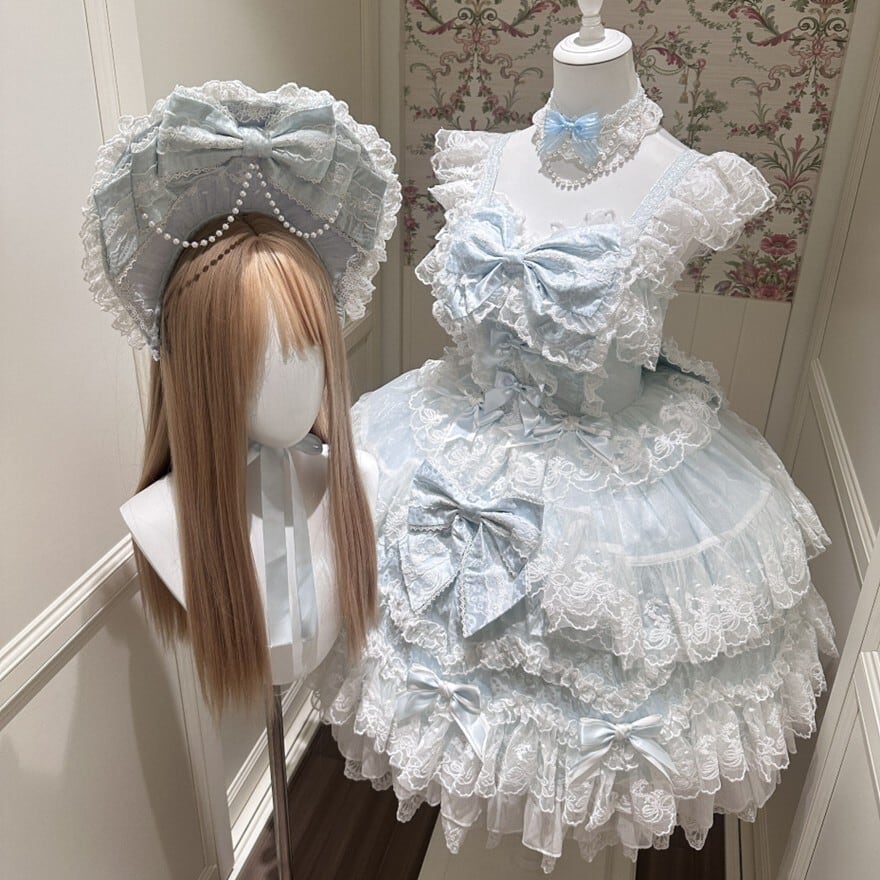 甘ロリ ボンネット レース リボン パールチェーン お茶会 撮影会