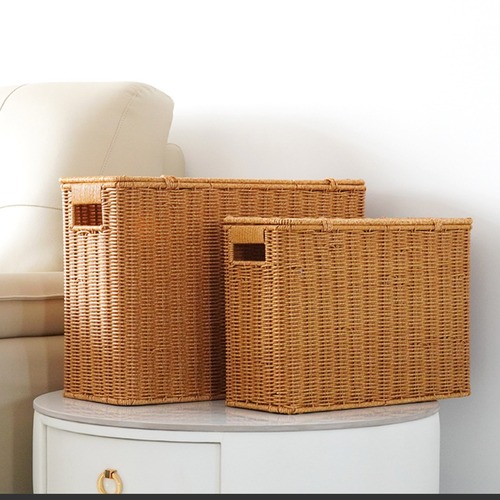 収納ボックス 大型 縦長 細長い 幅18cm コーナー収納 隙間収納 カバー付き 蓋付き 狭額縁 雑誌 ラタン バスケット 衣類収納 コスメ収納  編みバスケット ボックス ナチュラル ミニマリスト リビングルーム インテリア おしゃれ 可愛い ライトブラウン