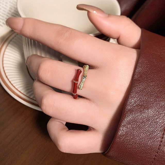 アクセサリー リング 朱色 竹の節 開口式デザイン 調整可能 オープンリング