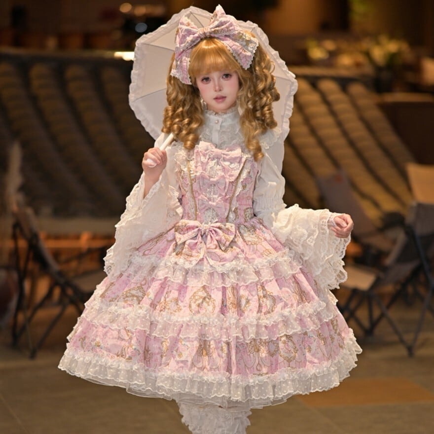 甘ロリ 花柄 JSK ピンク×パープル 多層フリル レース 姫系 ロリータ
