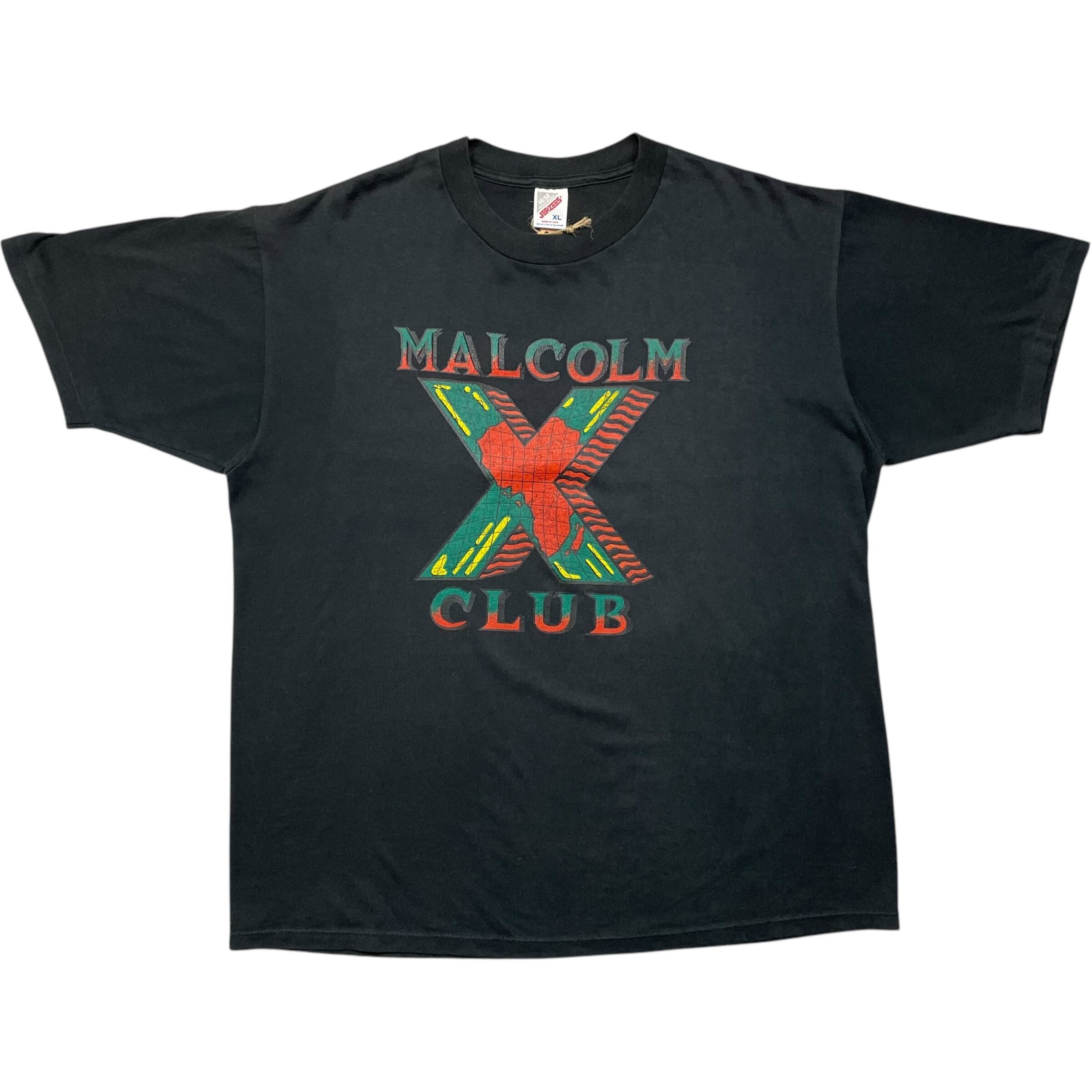 《XL》 JERZEES ジャージーズ Tシャツ ブラック プリント マルコムX 袖シングルステッチ USA製 90年代 vintage no.6729