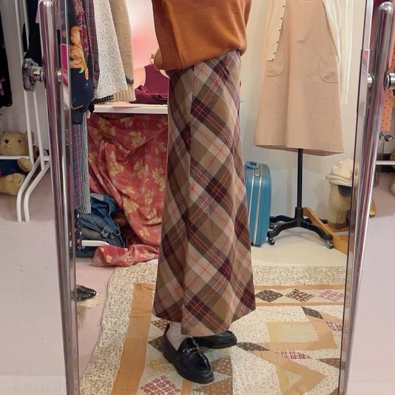 orange check wool long skirt