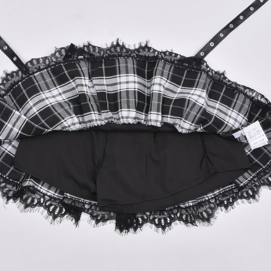 メー❤︎翌日発送！圧縮梱包！　【白地黒ハートヌビ×黒チェック】　女の子 4/15 BLACK M再入荷！】サイドハートベルト レースチェックスカート