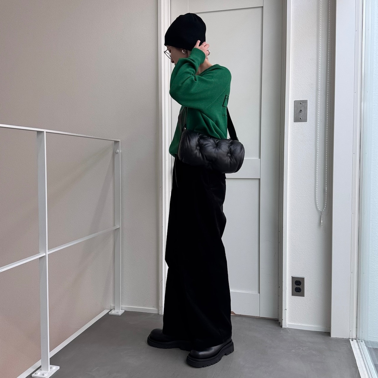 刺繍ロゴスウェットライクKnit/グリーン