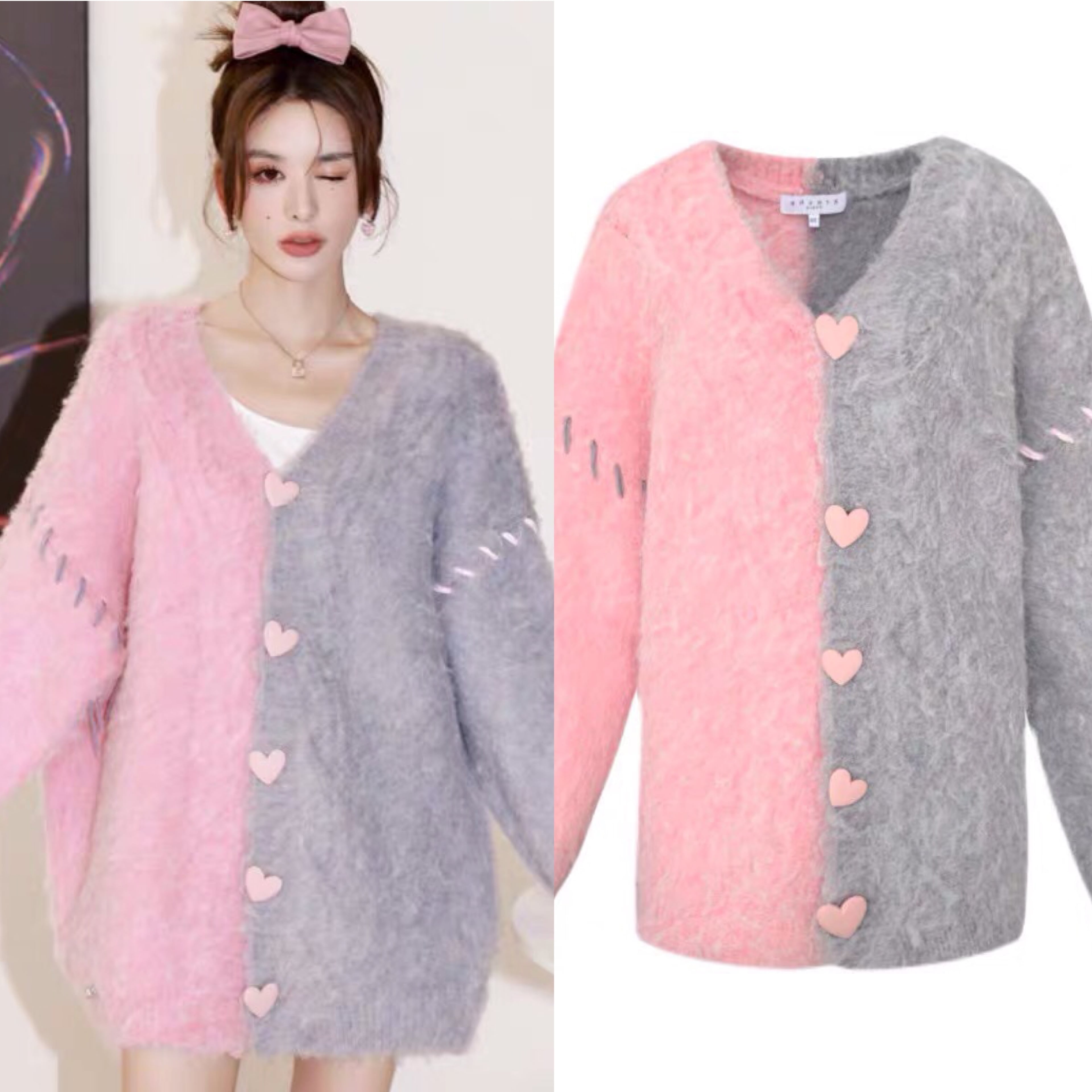 カーディガン XL グレー ピンク カーディガン ピンク 水色 バイカラー