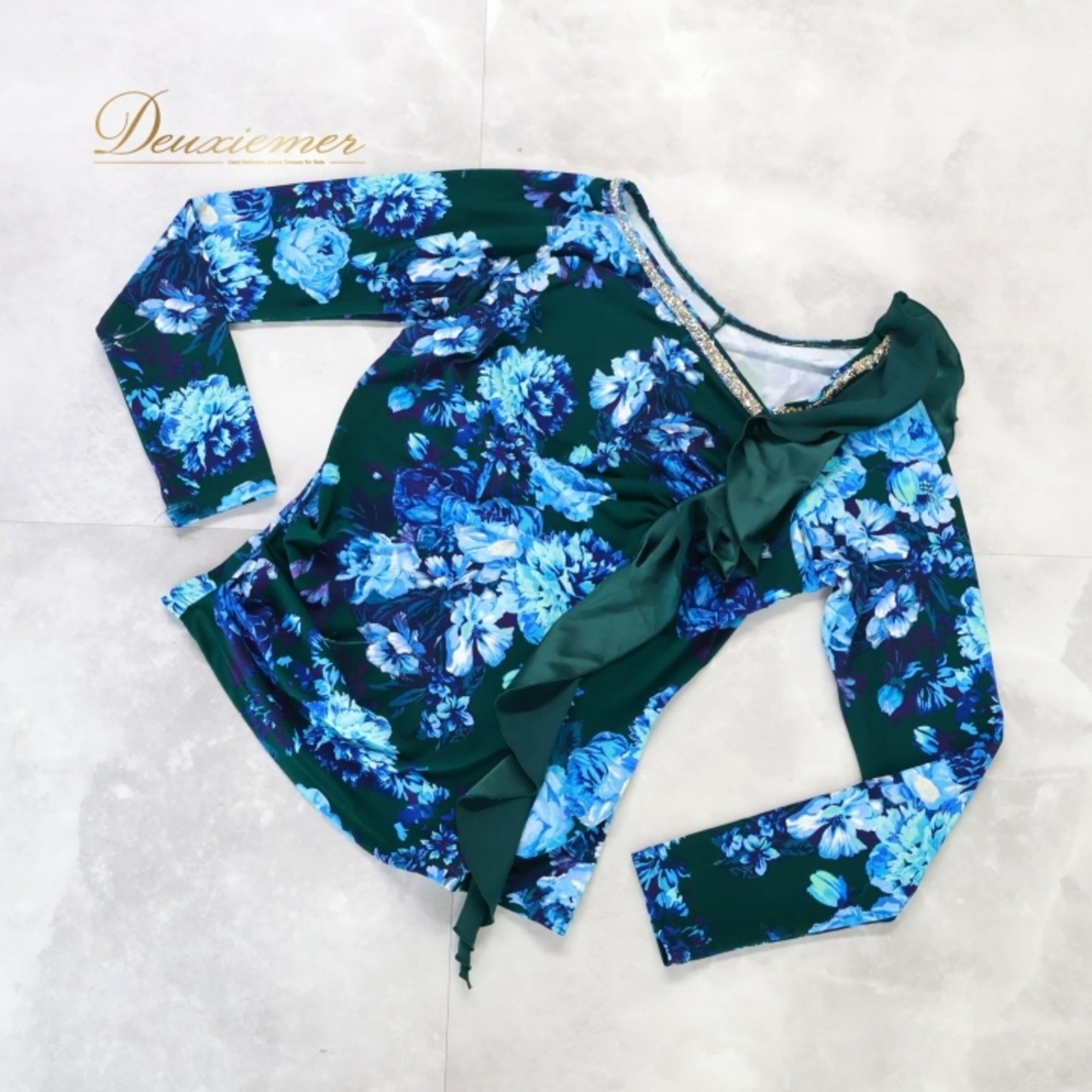 社交ダンス 衣装 トップス ブラウス グリーン系 チャコットロイヤルダンス Chacott ROYAL DANCE 花柄 緑 青 白 長袖 レッスン 練習 伸縮 ストレッチ 華やか 上品 ラインストーン かわいい 日本製 フリル ブルー系 ホワイト系