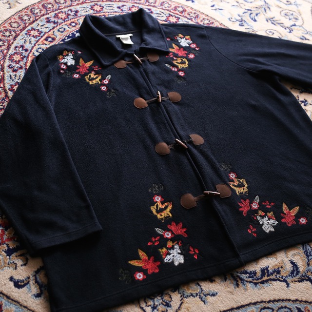 flower embroidery wide silhouette fleece duffle coat