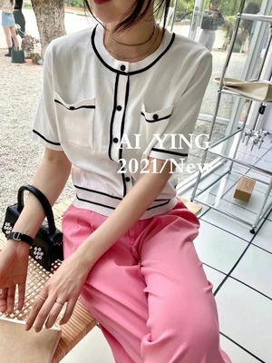 5部袖　ライン入りカーデ　AJ111-3030