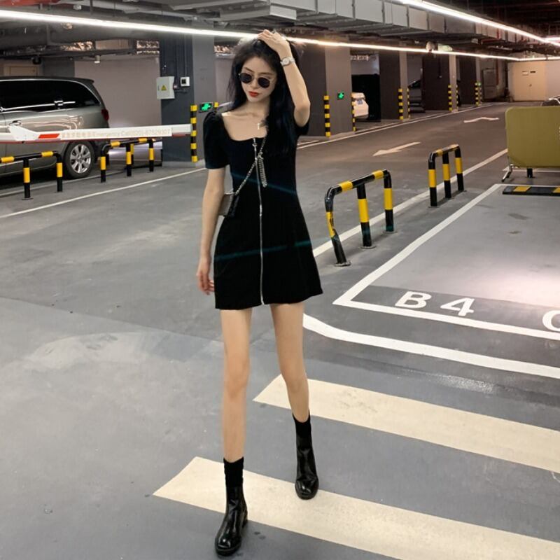 レトロフレンチスクエアカラードレスレディースサマーウエストウエストシンショートスタイルリトルブラックドレス2020スカート ブラックストロベリース45808316408