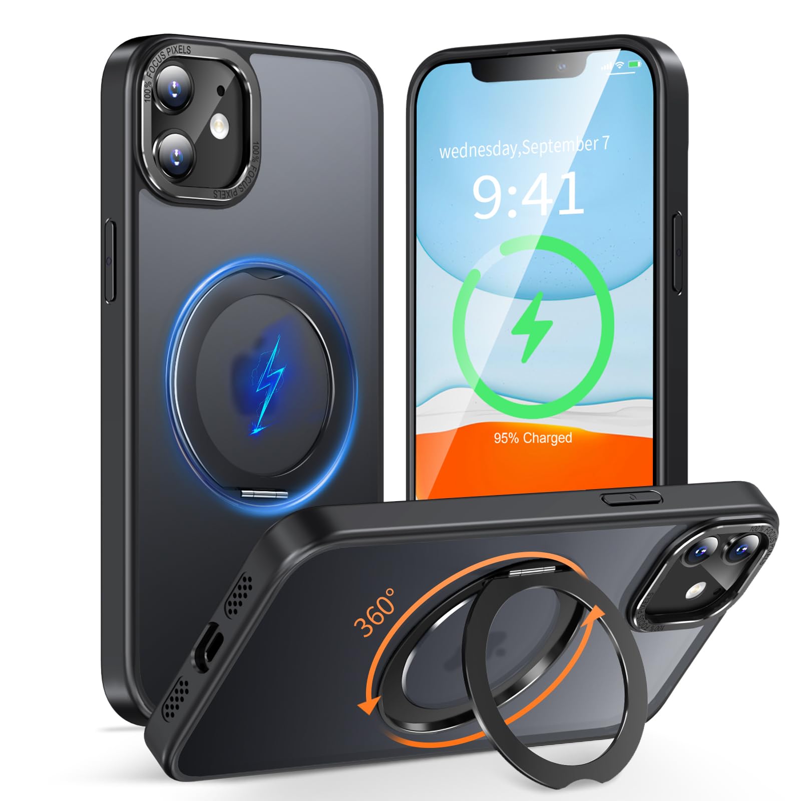 KWATUNG iphone11用ケース magsafe対応 アイフォン11 用 ケース 360°回転スタンド 半透明 マット感【ブラック】