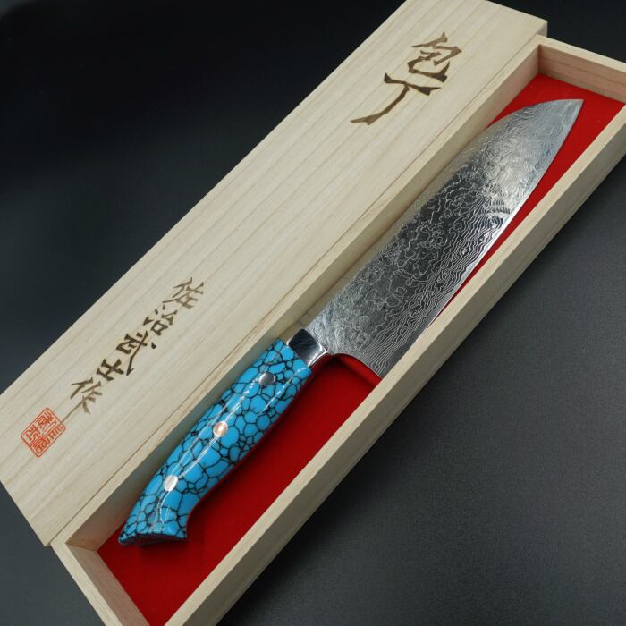 佐治作 包丁 三徳 R2 粉末ハイス鋼 ダマスカス 185mm 青 ターコイズ