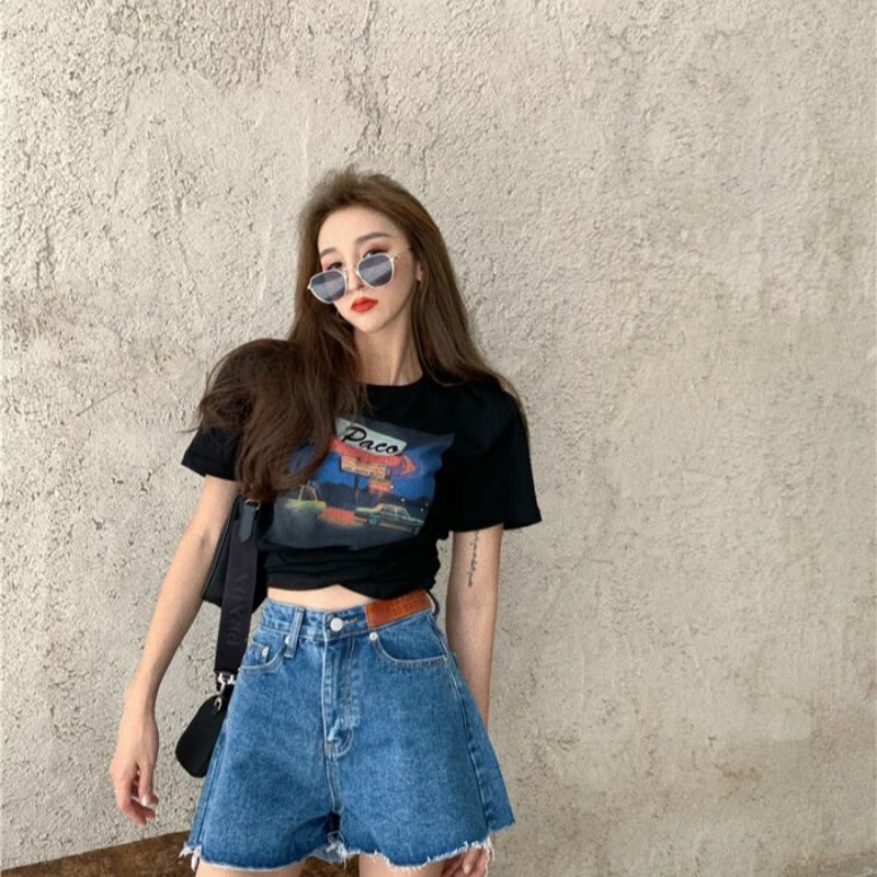 スーパーファイアラウンドネックプリントブラックTシャツレディースサマー半袖2020年新作ルーズショートトップインタイド ブラックストロベリース55669184998