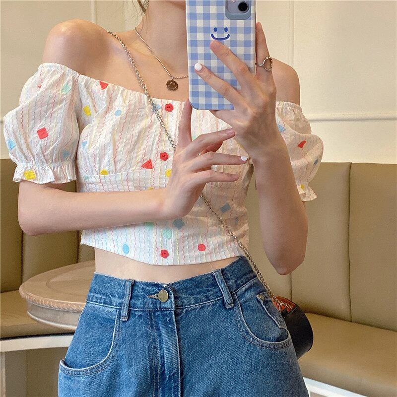 水玉スウィートパフスリーブワンショルダーホワイトシャツ女性露出鎖骨半袖シャツ2020新しいスーパーフェアリートップ ブラックストロベリース36743935840