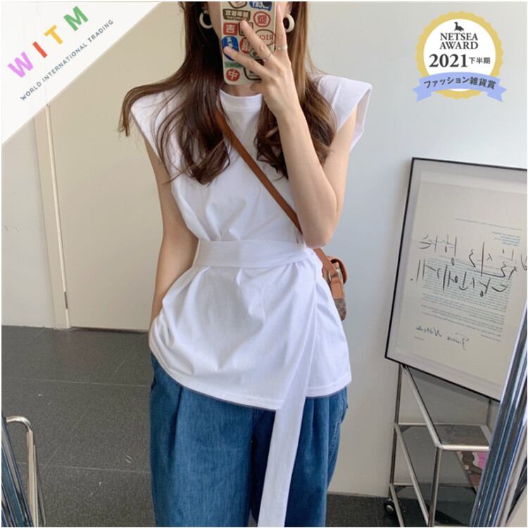2022春夏新作 ノースリーブ Tシャツ トップス tシャツ レディース ベルト付き 着回し