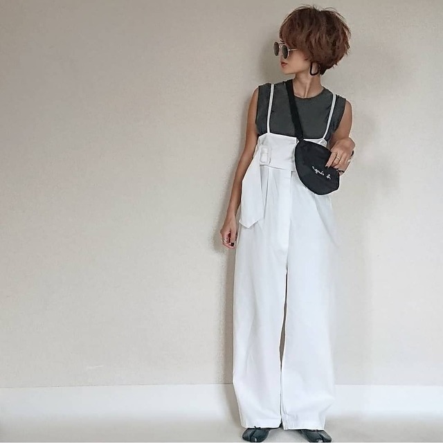 ノースリーブ オールインワン ワイドパンツ ベルト★２色