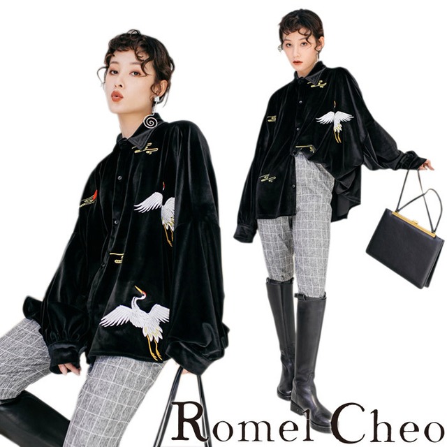 Romelcheo スエード鶴柄刺繍シャツ 和柄 和風 長袖 ゆったり トップス 羽織り ドロップショルダー オーバーサイズ エスニック カジュアル ガーリー モード 原宿系 青文字系 ファッション ロメルチェオ Romelcheo