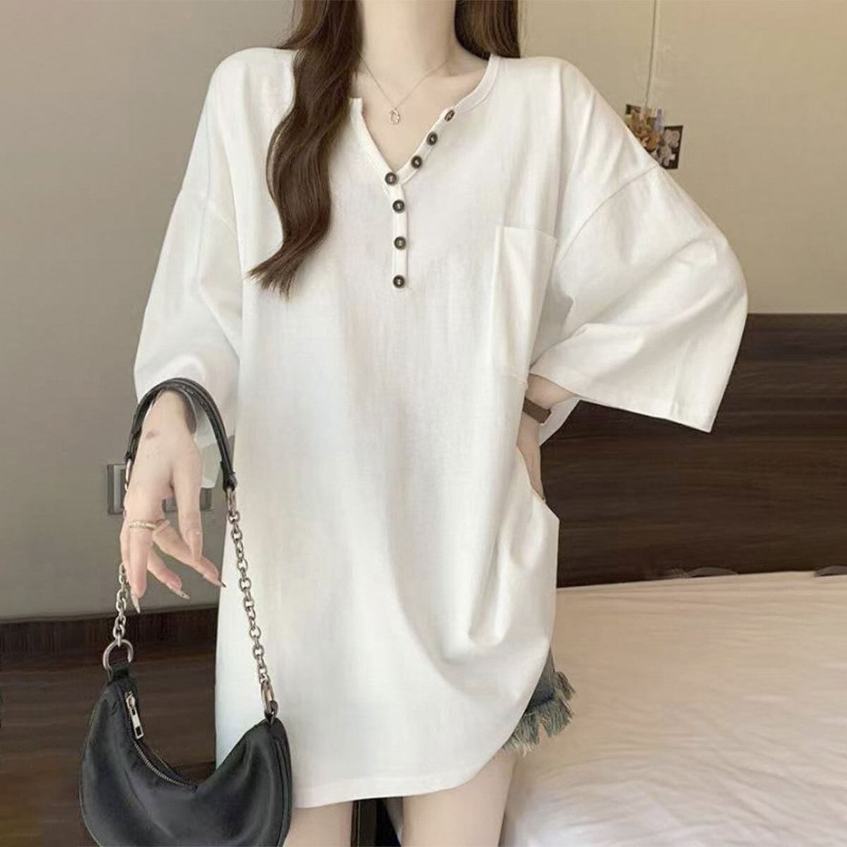 チュニック Tシャツ ヘンリーネック レディース 春夏 韓国 トップス きれいめ 大人 カジュアル ロンT おしゃれ ゆったり 体型カバー 胸ポケット 大人可愛い 大人女子