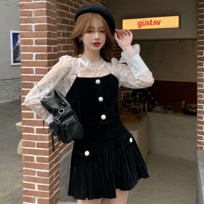オータムウィンタースタイルVネックレースシャツ ベルベットハイウェストウェストプリーツスカート レディース 秋物 冬物 YY-ファッション32390481510