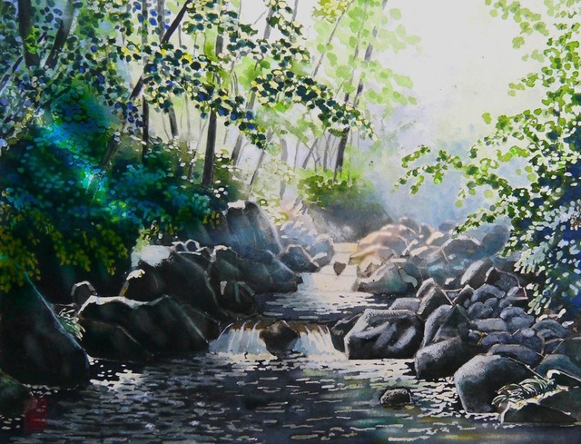 『朝の深呼吸』　№３２　2007日本の自然を描く展入選（上野の森美術館展示）原画は10号－－－－－－－《 額を選んで下さい 額入り絵を表示します 》