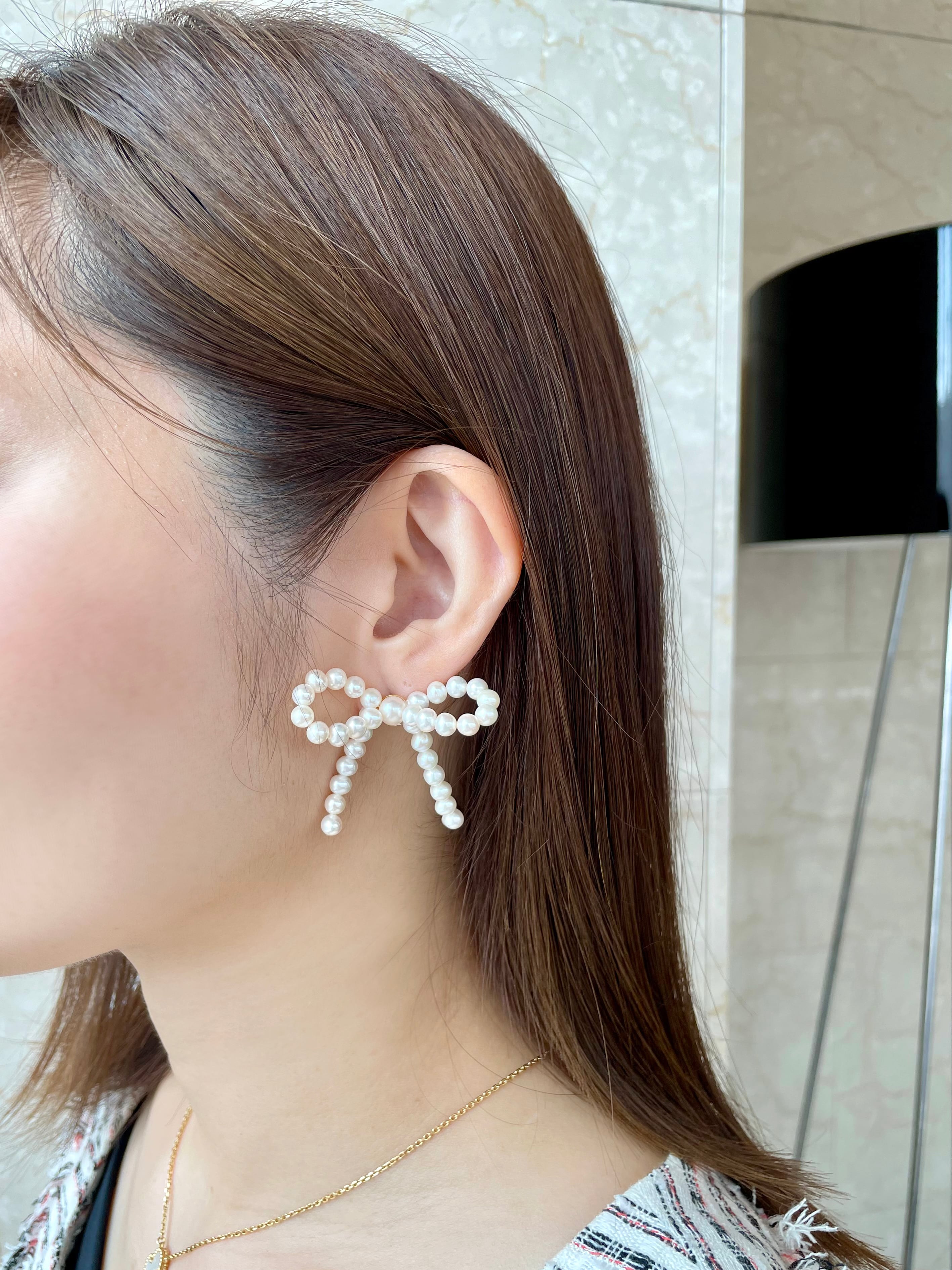 No.391 ハンドメイド　リボン　パールピアス　イヤリング 淡水パール リボン 【ピアス or イヤリング】 | gemgari