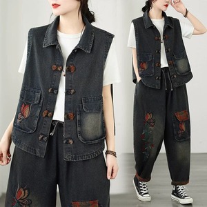 EMBROIDERED DENIM VEST & CROPPED PANTS SET 2pieces 1color M-15968