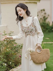 【0180】2sets Flower Vest Long Sleeve Dress