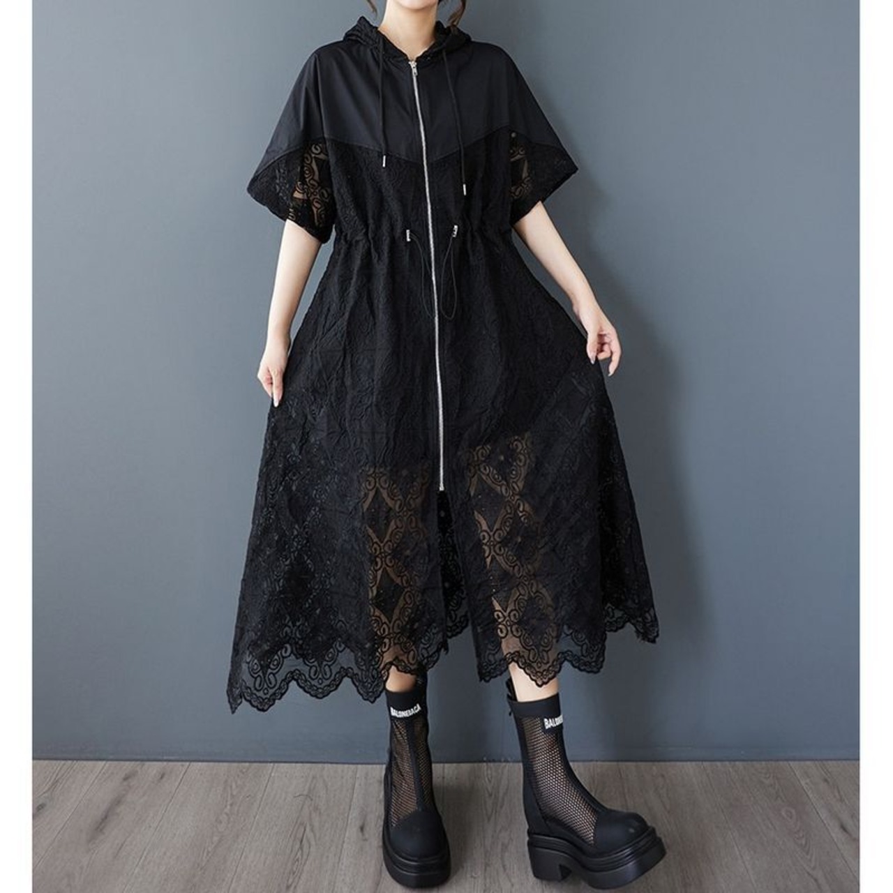 フード付き ジップアップ レースワンピース  30106