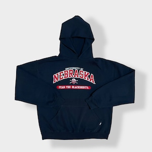 【Russell】カレッジ アーチロゴ ネブラスカ大学 UNIVERSITY OF NEBRASKA 刺繍ロゴ パーカー スウェット フーディー フットボール hoodie L us古着