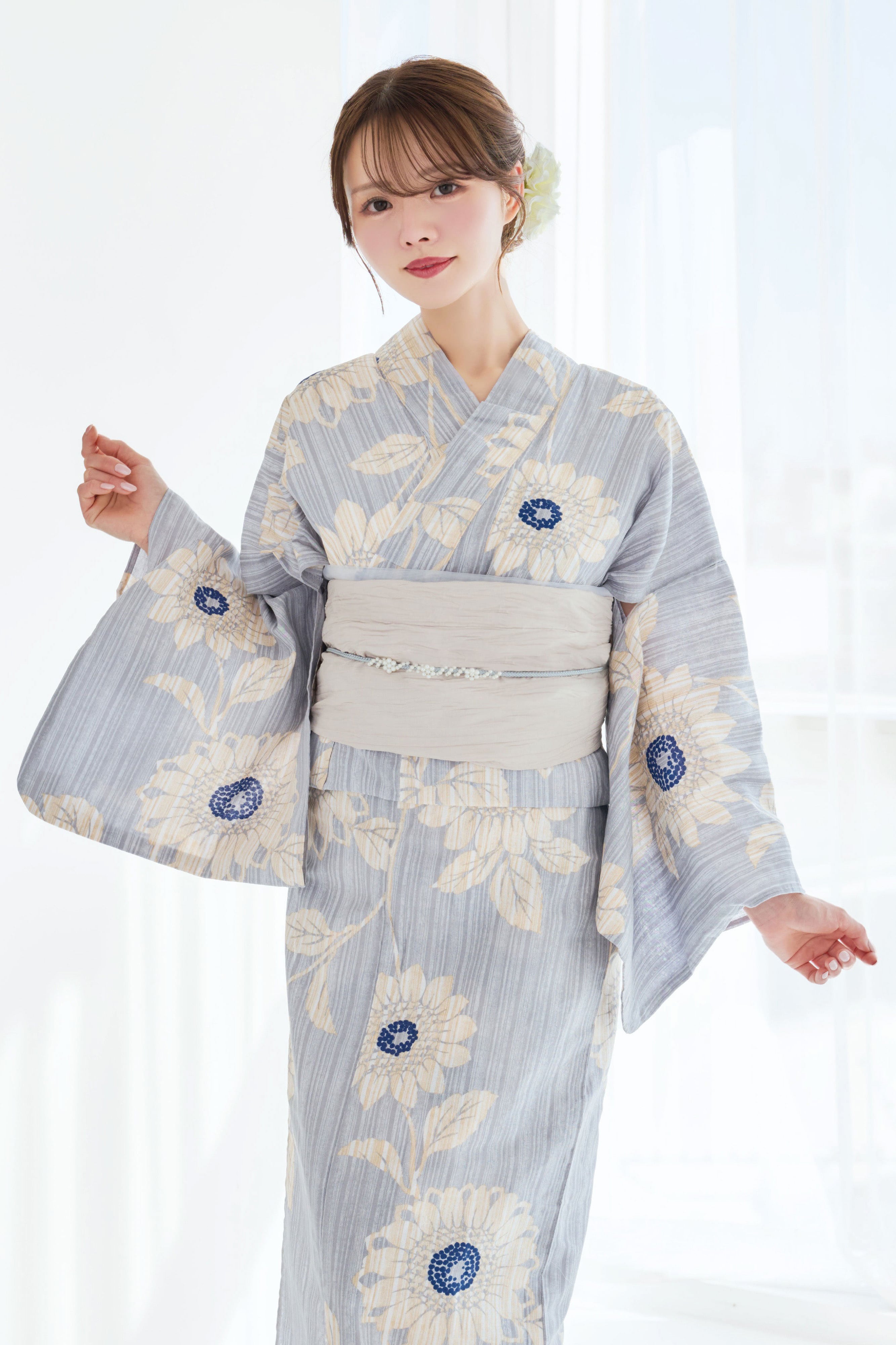 向日葵しらべ　浴衣　4点セット 浴衣4点set灰青色の向日葵しらべ【帯サンド】 Y5-13 | ANDESIR