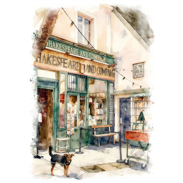 絵画 風景画(街並み)  フランスのパリの書店 インテリアアート額付き 水彩画・油絵風 WAT1044