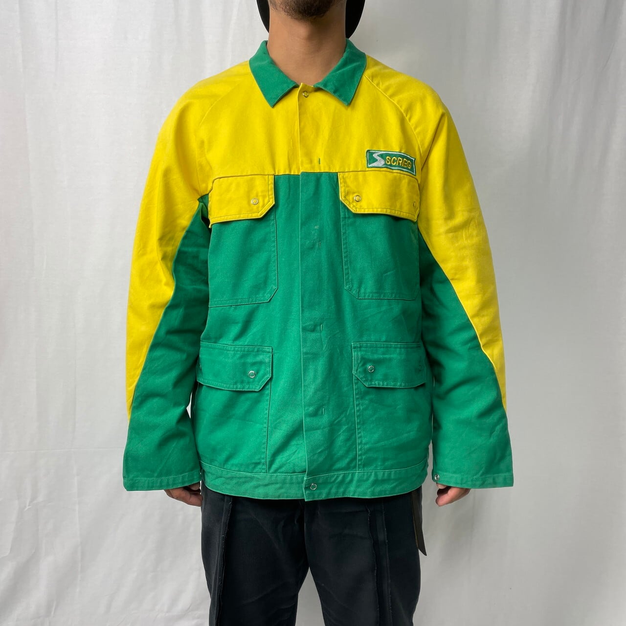 ユーロ ワークジャケット カバーオール フレンチ ヨーロッパ 古着 フェード F.T.B. SCREG ユーロ バイカラー フレンチワークジャケット メンズL-XL