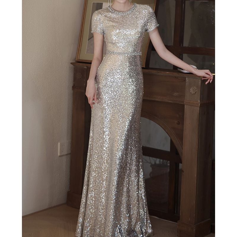 スパンコールハーフスリーブマーメイドドレス 2color D1738