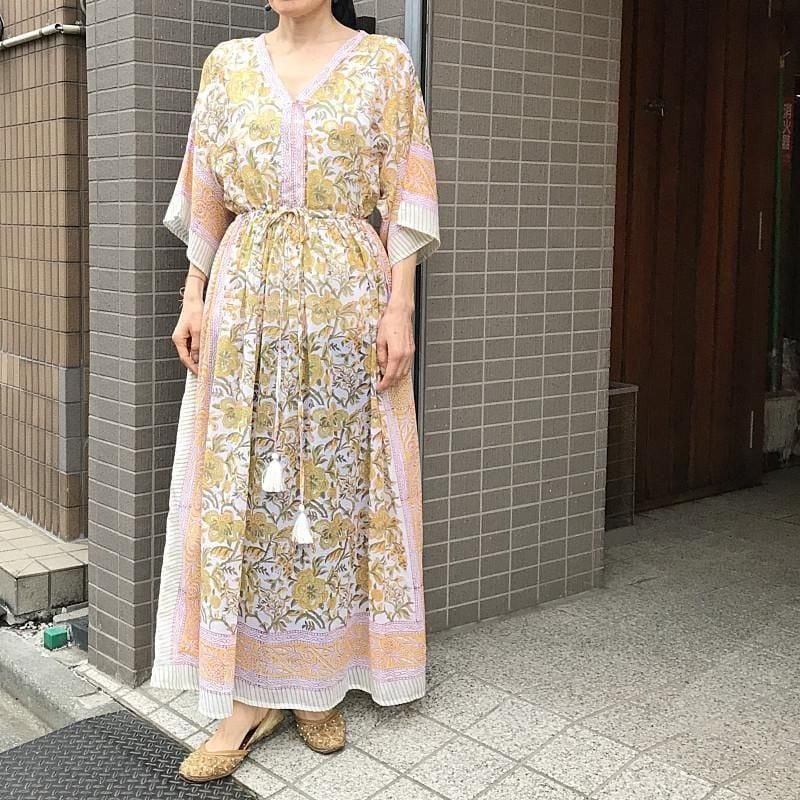 【SALE 20%オフ】ブロックプリントマキシ丈カフタンワンピース イエロー フリーサイズ