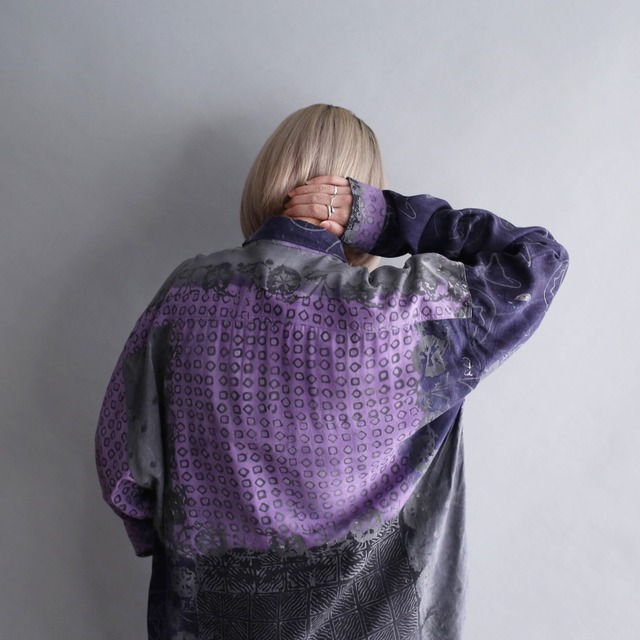 purple × gray art pattern rayon loose shirt