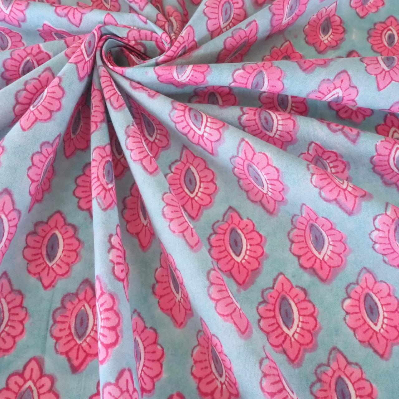ブロックプリント生地【50cm単位】インド綿 小花柄 水色×ピンク #39077-BL2
