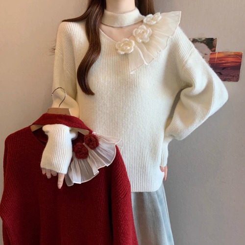 2色／チョーカーネックフラワーニットトップス ・73392