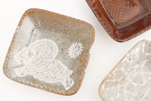 陶板　ナシ 民族模様の中鉢 山羊(インド ブロックプリント) 陶器 OKAMA Studio