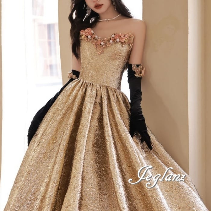 ウエディング カラードレス ベアトップ 立体フラワー 編み上げ グローブ付き(M8863)π