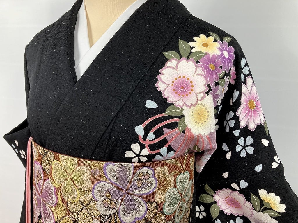 夏着物振袖　黒　金通し　熨斗目　四季の花　金駒刺繍　美品　トールサイズ