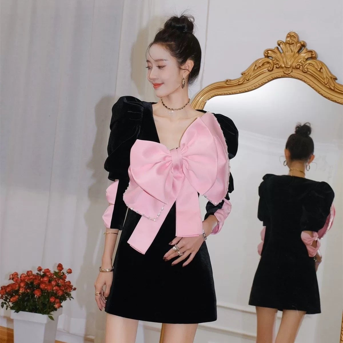 トップス キャミソール リボン 黄色 ハート ラインストーン トップス