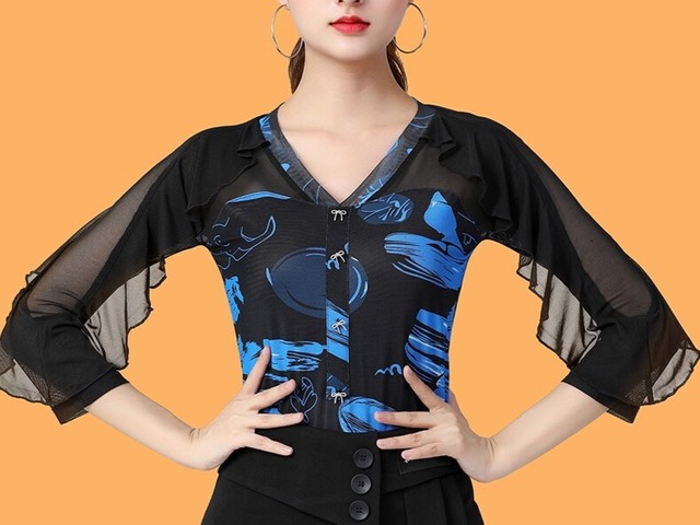 オープンカラー フリル Ｖネック ダンスブラウス  （レオタード）ds1421